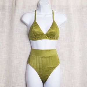 Green High Waist Textured Triangle Bikini